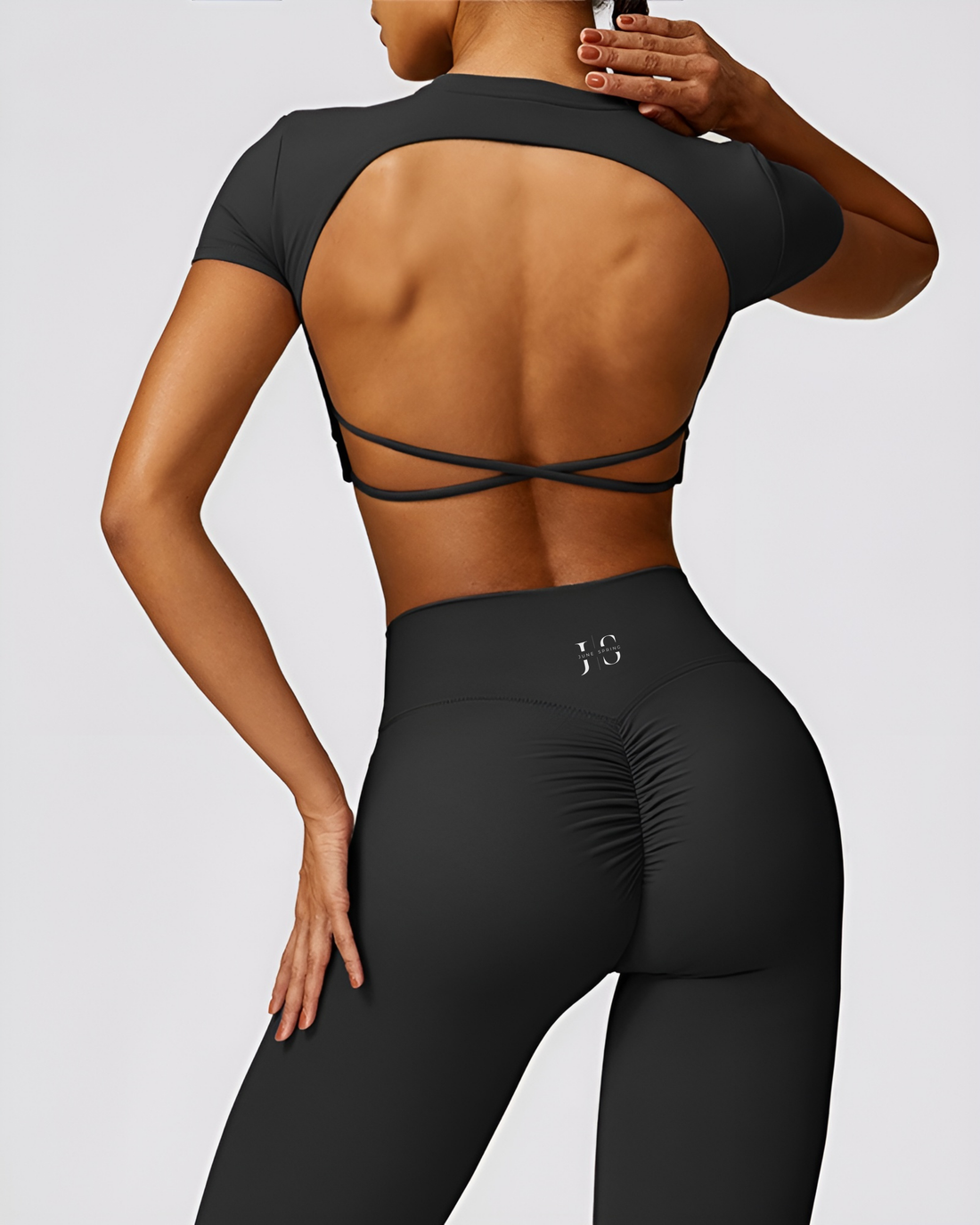 June Spring Seamless Cropped Sport Shirt with Open Back Black 