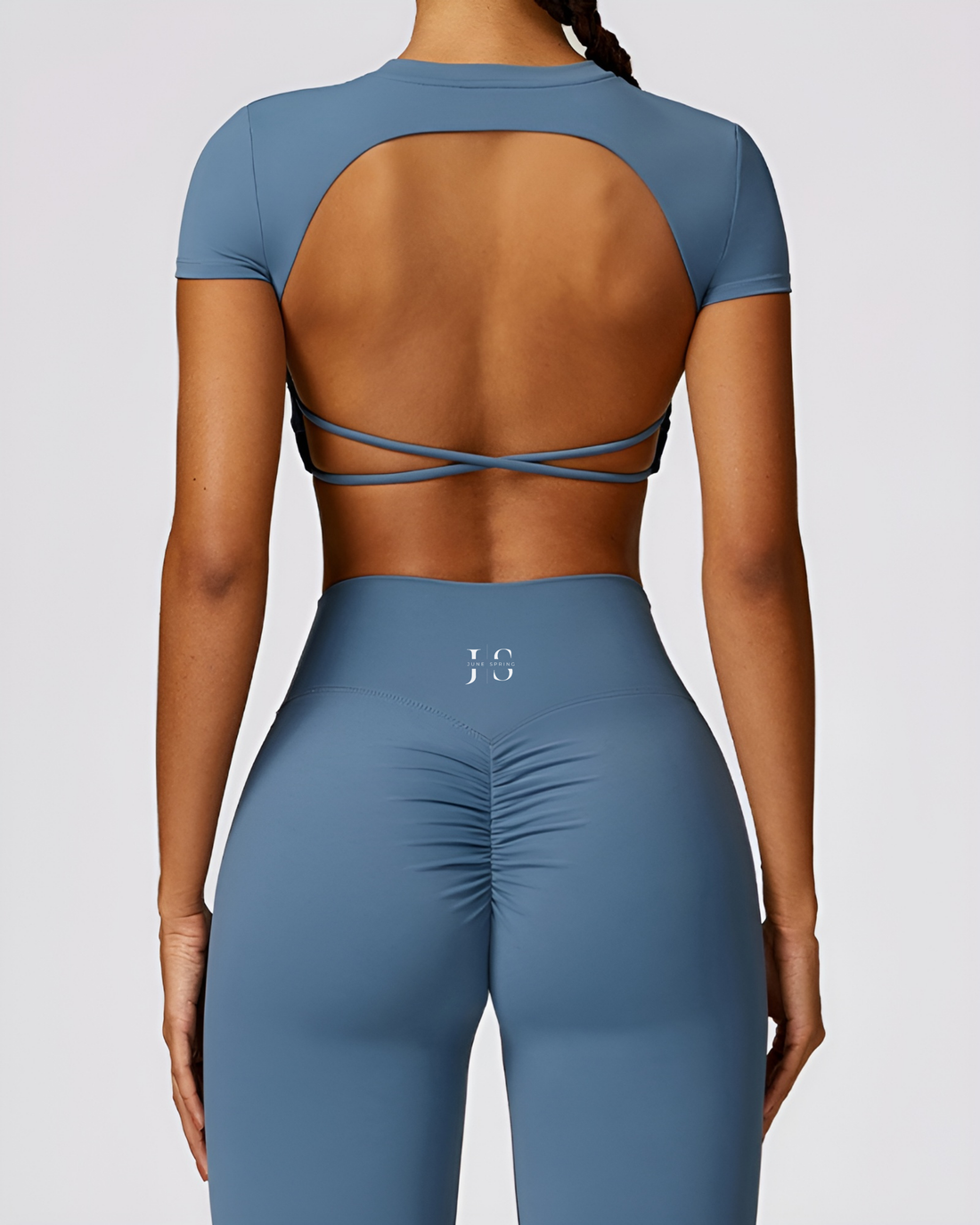 June Spring Seamless Cropped Sport Shirt with Open Back Gray Blue 